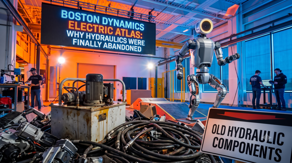 Fully electric Boston Dynamics Atlas robot walking smoothly in a robotics testing facility next to discarded legacy hydraulic pumps and hoses.