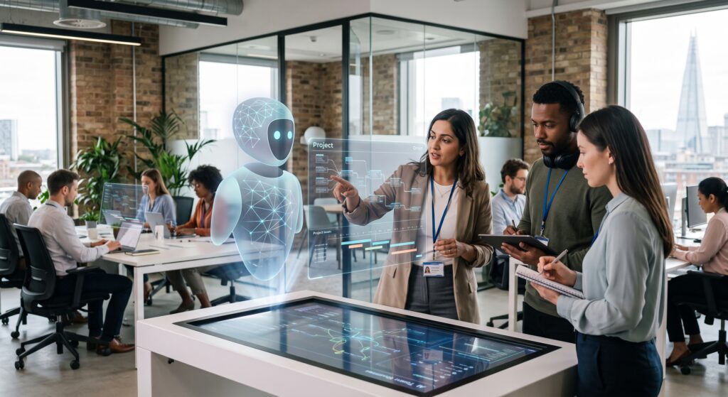 A diverse corporate team collaborating around a digital interactive table with a translucent, futuristic AI teammate hologram and floating data interfaces in a modern office.