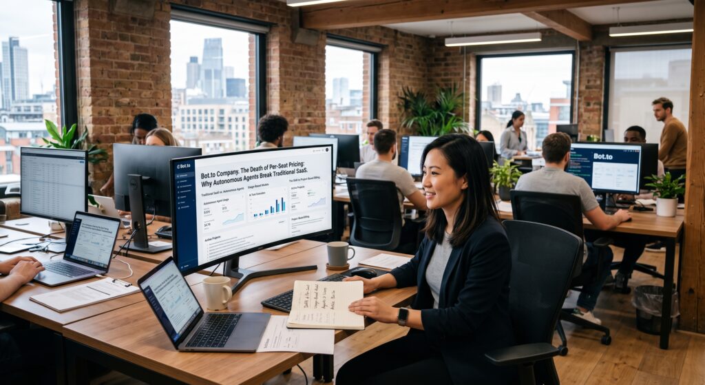 Modern open-plan office setting with a professional reviewing an analytics dashboard titled "The Death of Per-Seat Pricing: Why Autonomous Agents Break Traditional SaaS."