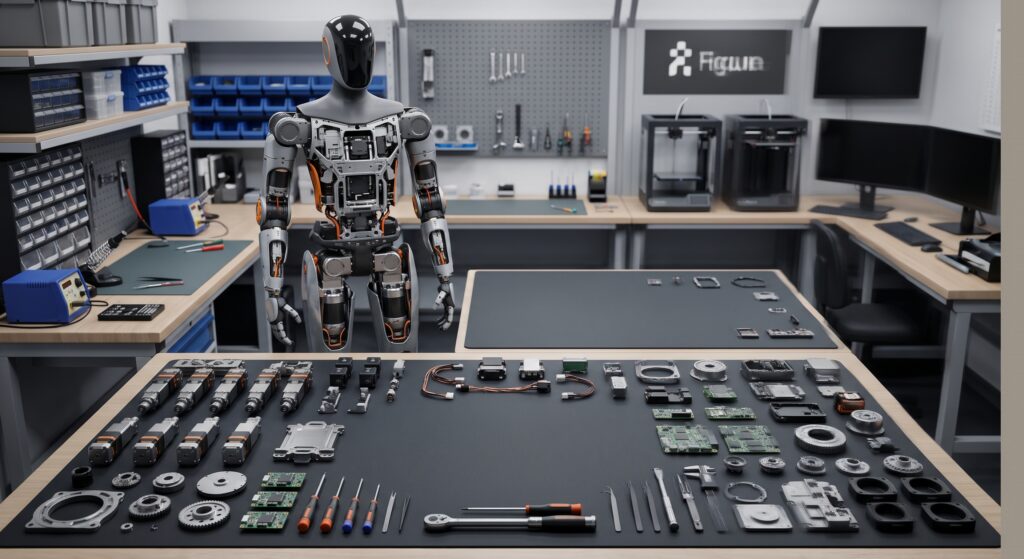 Figure 02 humanoid robot standing in a modern engineering workshop next to disassembled actuator components, gears, circuit boards, and tools laid out neatly on an inspection workbench.