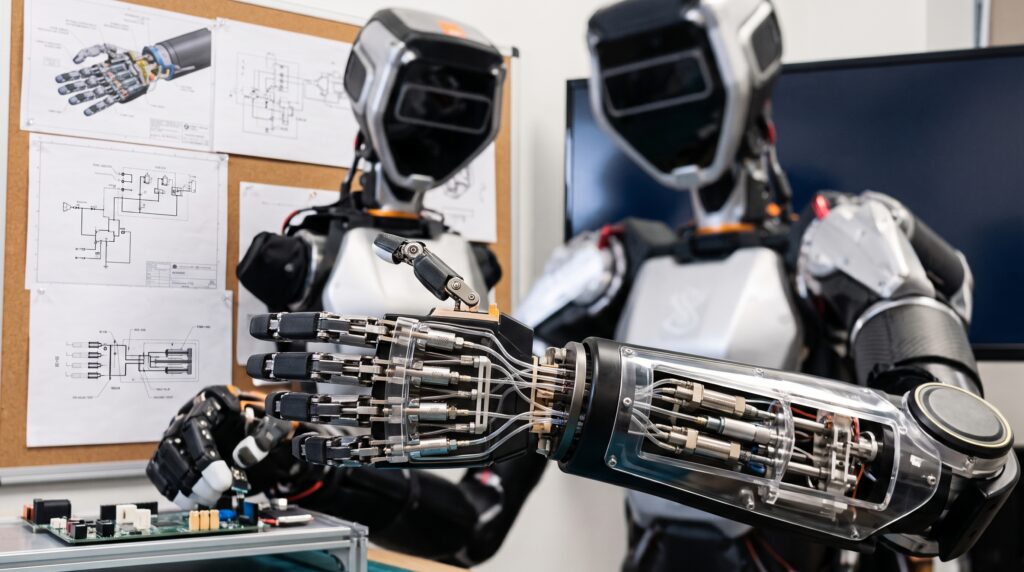 Close-up of the Sanctuary AI Phoenix humanoid robot showcasing intricate hydraulic micro-actuators, transparent forearm casing, and mechanical fingers in a robotics laboratory.