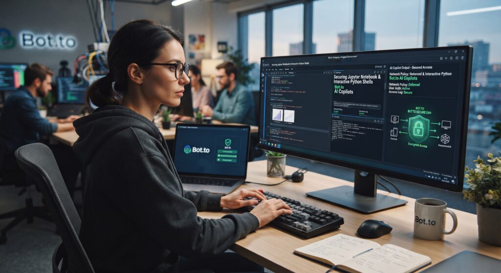Bot.to software engineer working in a modern office, developing secure Jupyter Notebook and interactive Python shell environments for AI copilots on a widescreen monitor.