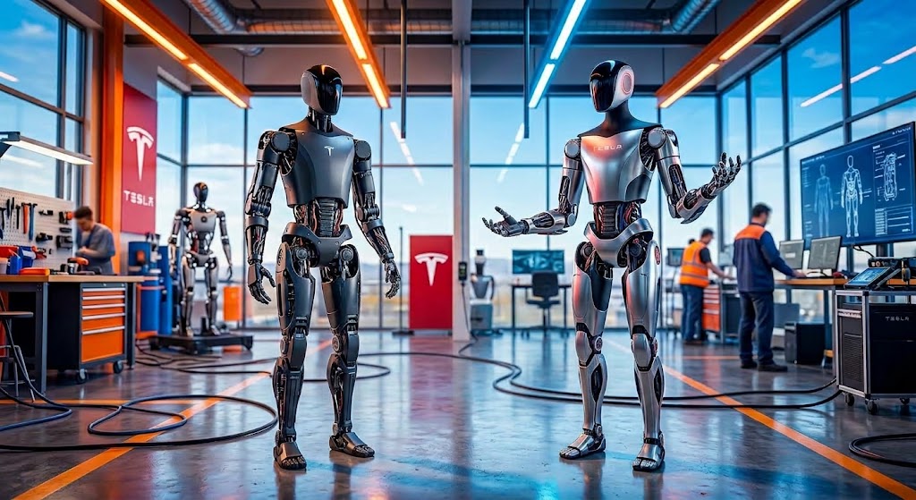 Photorealistic side-by-side comparison of Tesla Optimus Gen 2 and upgraded Gen 3 humanoid robots in a brightly lit, high-tech Tesla robotics laboratory.